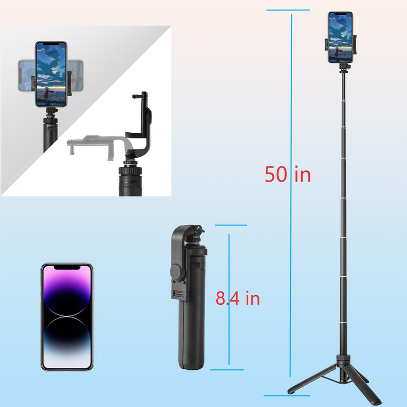 Selfie Stick Tripod for Cell Phone & Camera, 50" Expandable Phone Tripod with Remote Control and Rotate Phone Holder, Portable Tripod for iPhone/Goproo and Cameras.
