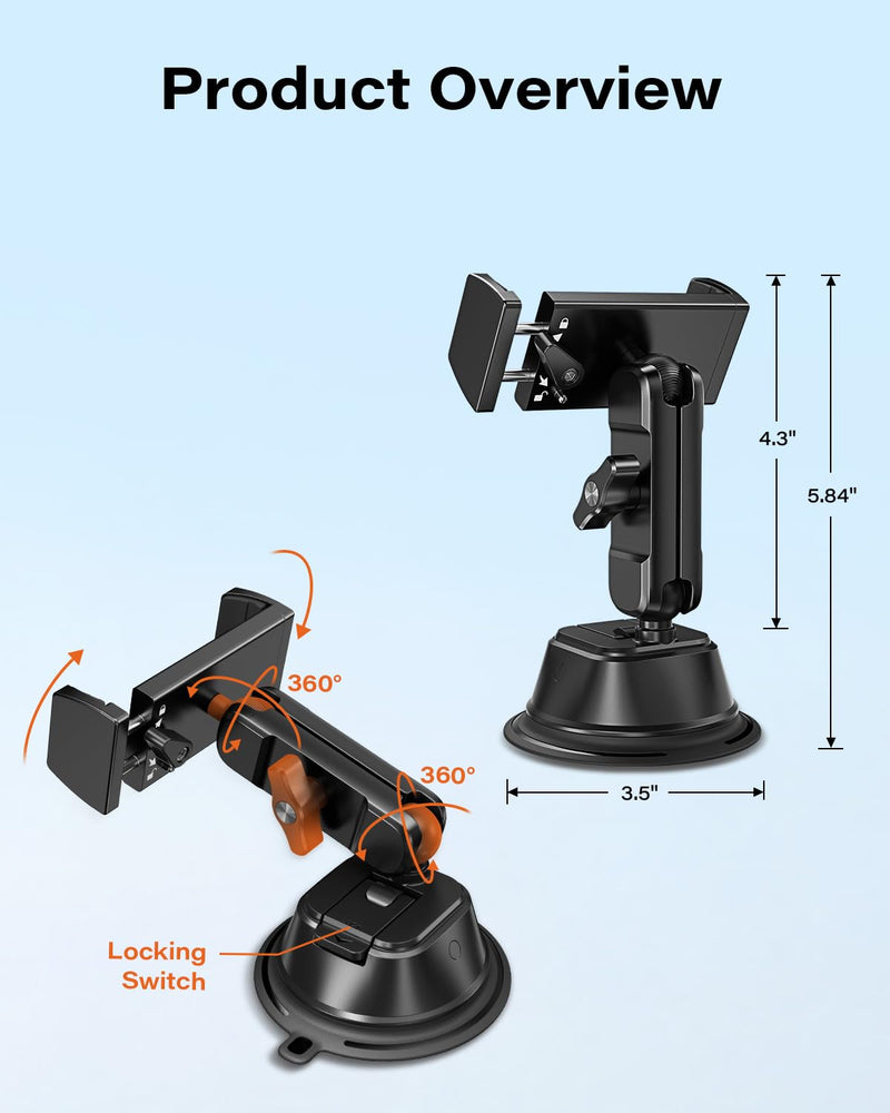 A2C Heavy Duty Suction Cup Phone Mount with Aluminum Alloy Arm & Clamp, 66LBS Vacuum Suction Phone Mount for Windshield Dashboard, Universal Car Phone Holder for All Phones Fit Jeep Wrangler, F150