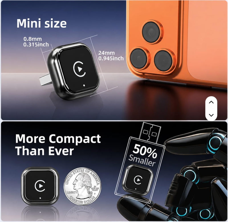 2-in-1 Mini Wireless CarPlay & Android Auto Adapter | Plug & Play, Converts Wired to Wireless, Fast Auto-Connect, Compact Design, USB/USB-C Port