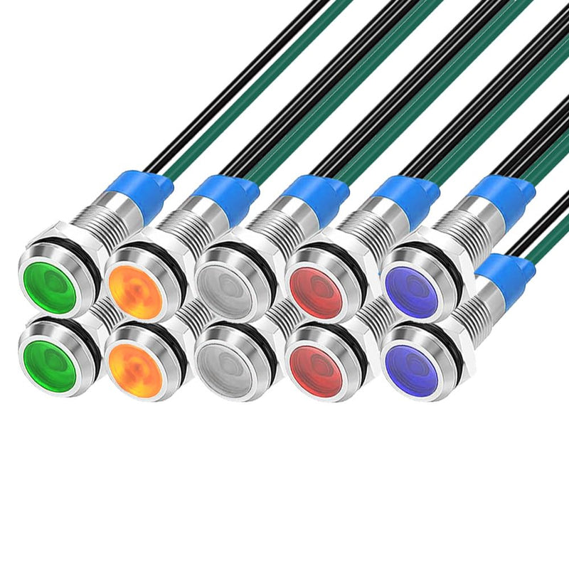 10pcs 6mm 3V-4.5V-5V-6V-7.5V-9VDC LED Metal Indicator Light Waterproof Signal Lamp Pilot Dash Directional Car Truck Boat with Wire(Red/Orange/Blue/Green/White) R/G/B/A/W