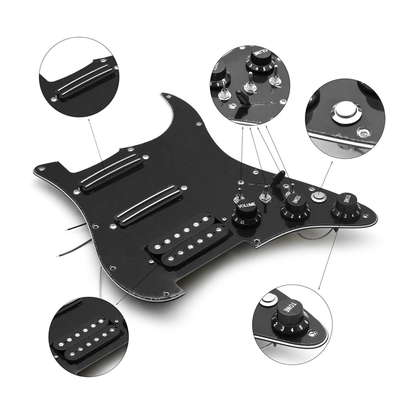 SAPHUE SSH-Coil Splitting Electric Guitar Pickguard Two Mini Humbucker + ONE Humbucker(9K/9K/15K)+Silence Switch Loaded Prewired Scratchplate (Black-Black) Black-Black