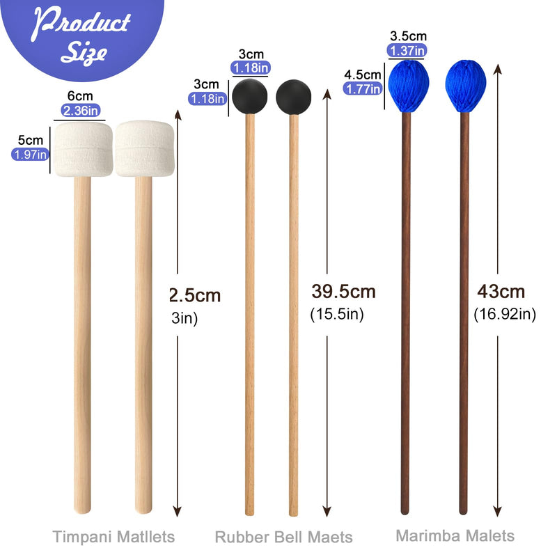3 Pairs Blue Hard Yarn Head Keyboard Marimba Mallets,Black Rubber Bell Mallets,Felt Head Timpani Mallet,Xylophone Mallet Bass Drum Stick Glockenspiel Sticks for Percussion Instrument 3 Pairs