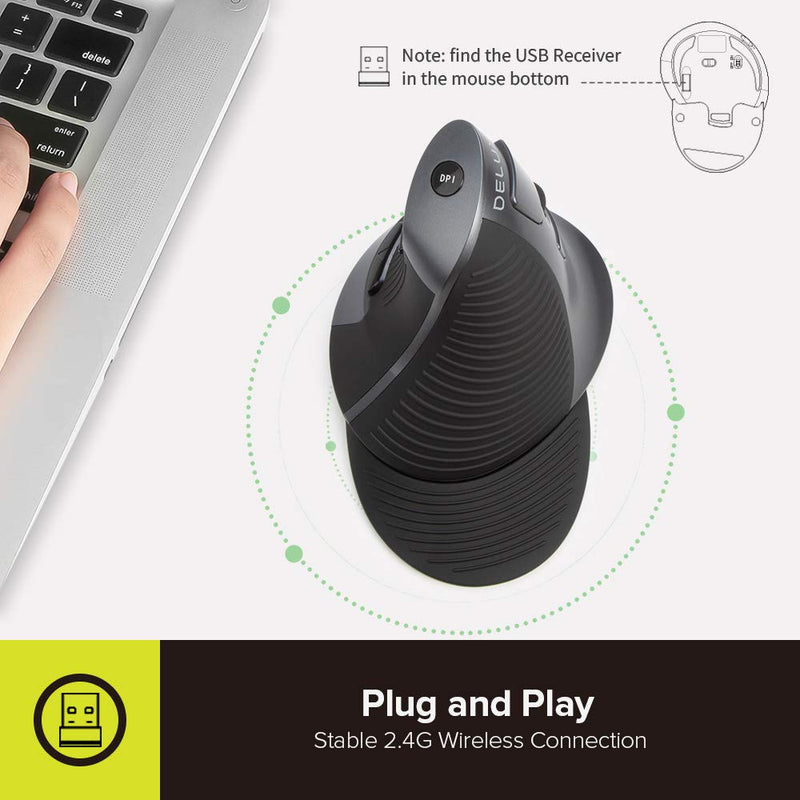 DELUX Upgrade Rechargeable Ergonomic Vertical Mouse, 2.4G Optical Wireless Ergo Silent Mouse with USB Receiver, 6 Buttons, 3 Gear DPI and Removable Palm Rest Reduce Muscle Strain (M618G GX-Black) M618G GX 2.4G Wireless 1600DPI