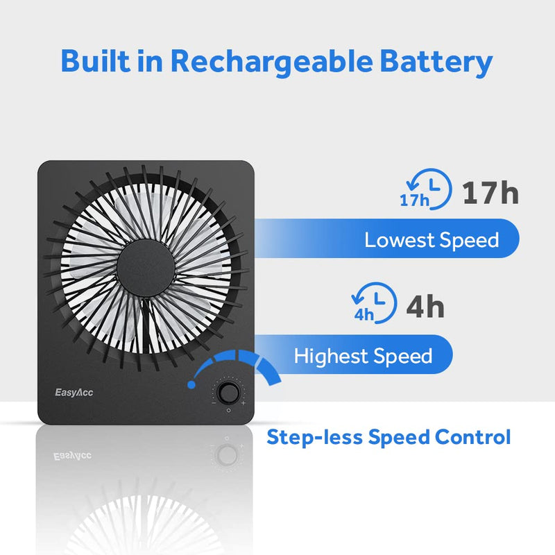Portable Desktop Battery Operated Fan, EasyAcc 6-Inch Personal Small Desk Fan, [Quiet Step-less Speed Control Fan] 160°Tilt Foldable Hanging Standing Cooling Fan for Travel Office Home Outdoor Black