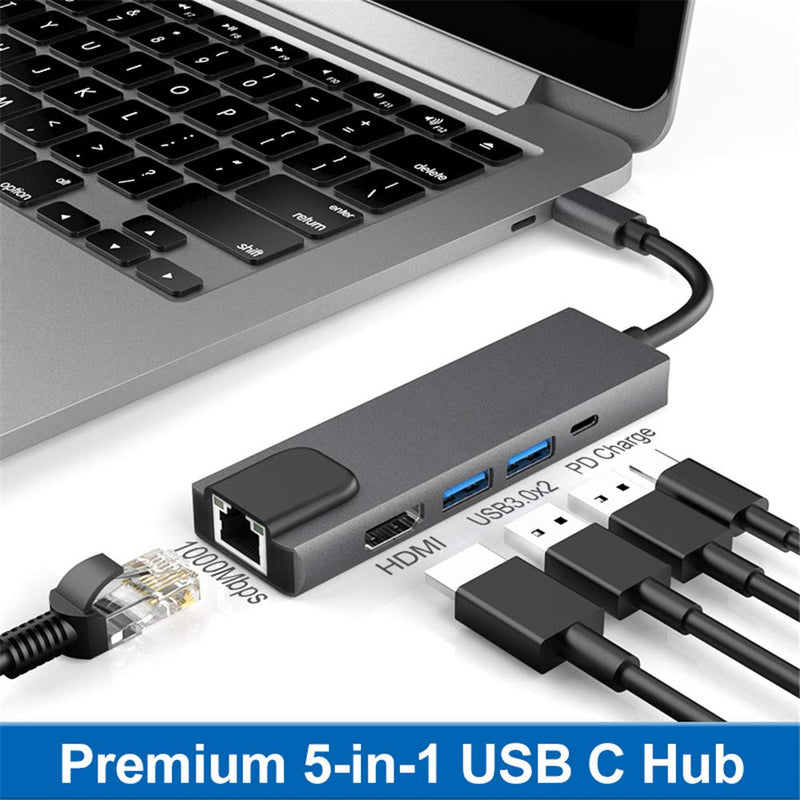 Tianle USB C Hub Ethernet, 5 in 1 Multi Port Adapter with Gigabit Ethernet Port, 4K HDMI, USB C PD Charging and 2 USB 3.0 Compatible with Switch Console, MacBook, iPad, Surface, 5-in-1