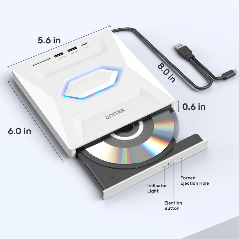 Unitek External CD DVD Drive, USB C 3.0 Portable Optical Disc Player Burner | CD DVD +/-RW Optical Disc Drive, 3 USB Hub and 1 SD Card Slot, Slim CD ROM Reader Writer for Laptop Desktop PC Mac Windows 5-IN-1 WHITE