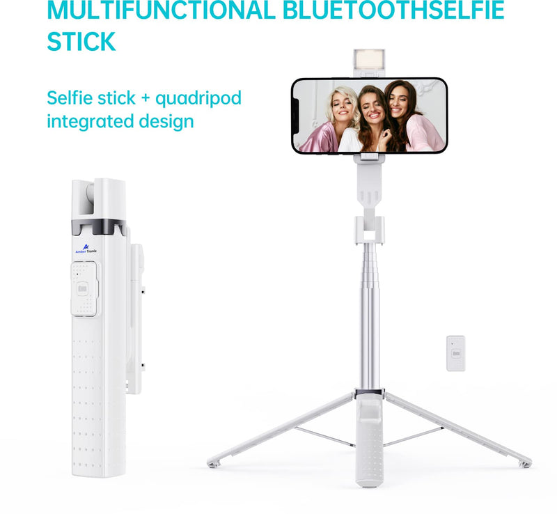 Ambertronix 40” Selfie Stick Tripod Quadrapod, Onboard Light, Wireless Bluetooth Remote, Extendable, Stainless Steel, 3 Light Modes, 9 Brightness Levels, Compatible with All iPhone & Android Devices Chrome