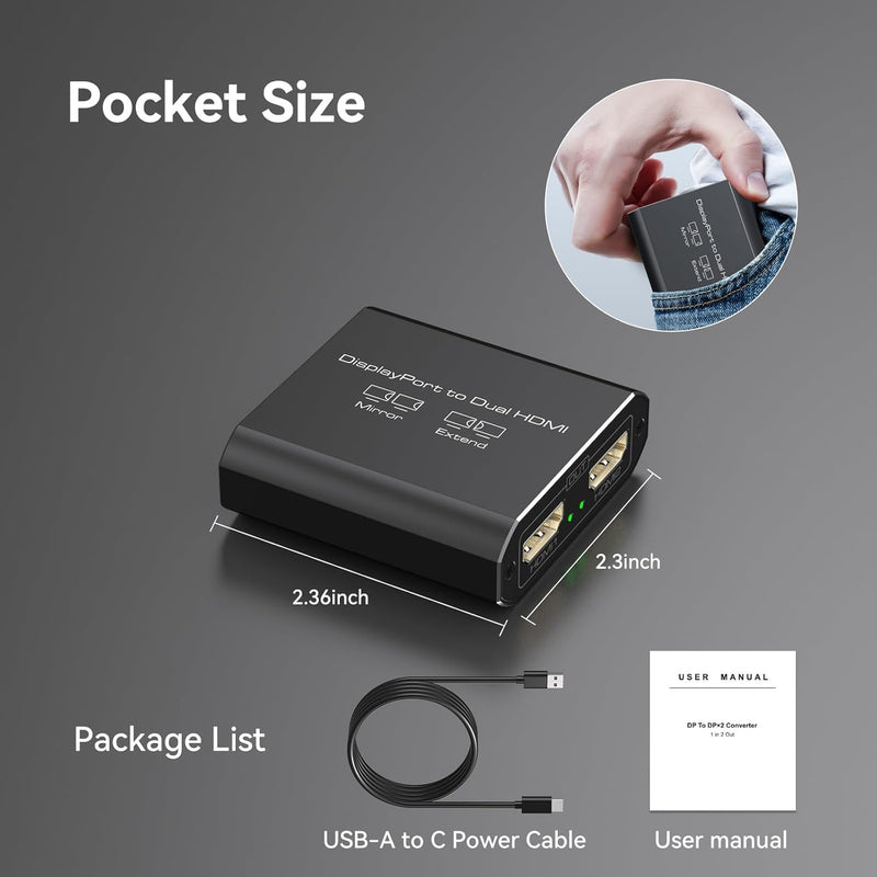 Displayport to Dual HDMI Splitter Extended for Double Screen 4K@60Hz Display Port to 2 HDMI Adapter for Computer Graphics Cards Support MST & SST Mode Jet Black DP TO 2 HDMI