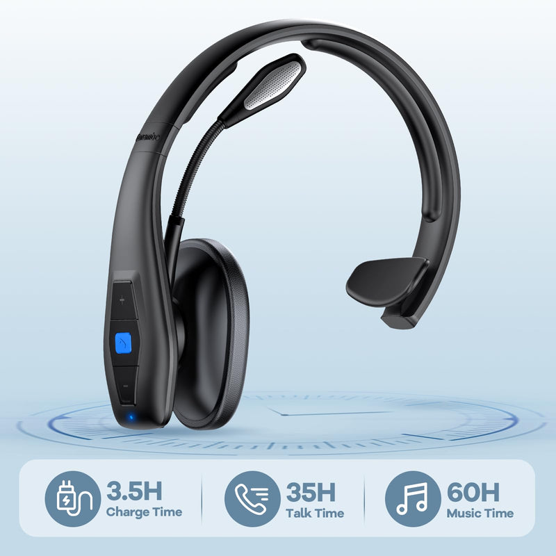 Conambo 2024 Upgraded Bluetooth Headset with Microphone, Trucker Headset with CVC8.0 Dual Mic Noise Cancelling & Mute Button, 35Hrs HD Talktime Hands-Free Wireless Headphones for Driver Home Office