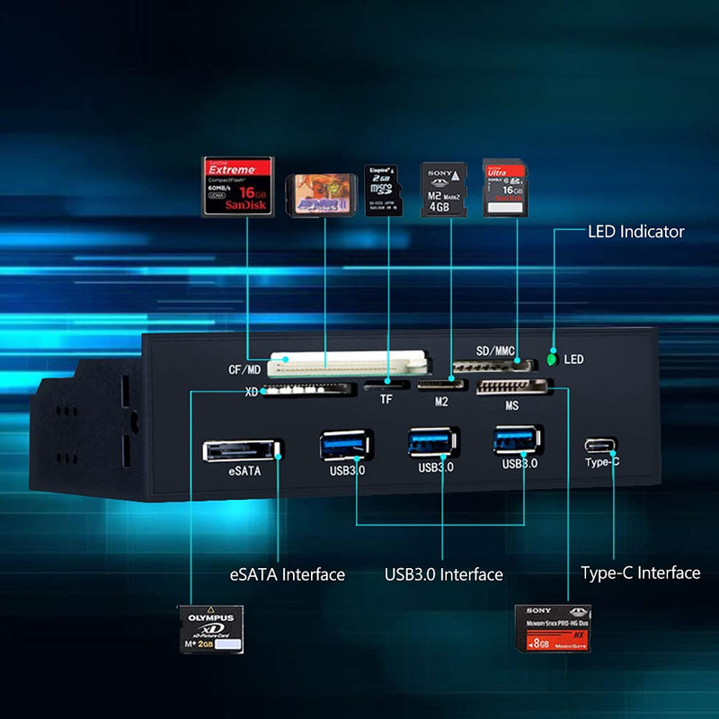ASHATA Front Panel Hub 11 Port PC Front Panel with USB 3.0 Ports USB 3.1 eSATA Port and 6 Card Slots Built in Card Reader Support M2 MSO Memory MS XD 64G CF Card Fits Any 5.25” Computer Case Front Bay USB 11 Ports Panel
