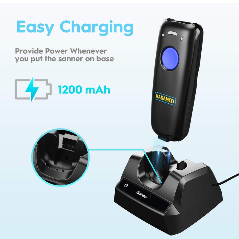 NADAMOO Wireless Barcode Scanner Compatible with Bluetooth, with Charging Dock, Portable USB 1D Bar Code Scanner for Inventory, 2.4G Wireless & Wired Barcode Reader for Tablet iPhone iPad Android iOS Blue