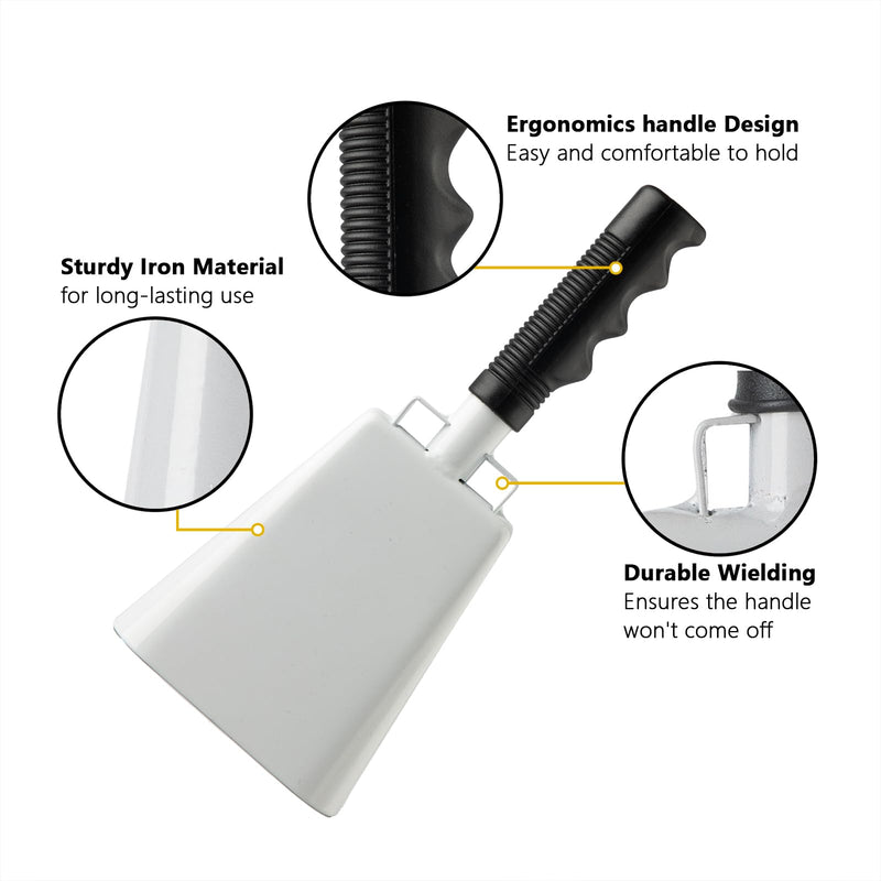 Steel Cowbell with Handle 8 Inch Cow Bells Noise Makers, 2 Pack Large Cowbells for Sporting Events, Hand Percussion Cowbells Cheering Bell for Football Game Party Concert Graduation School (White) White