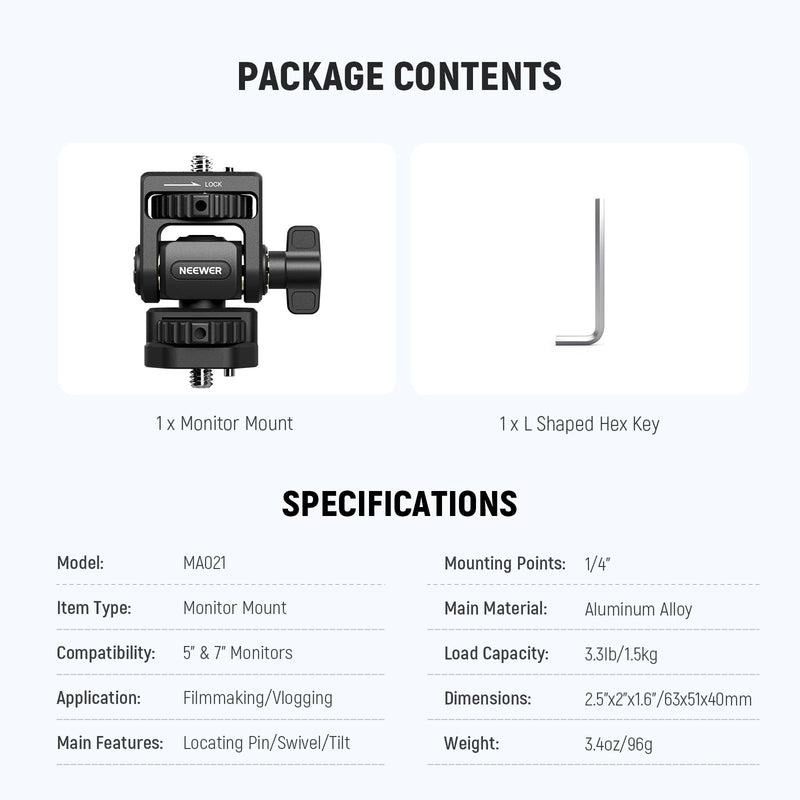 [AUSTRALIA] - NEEWER Field Monitor Mount Monitor Holder with 1/4" Screw, 360° Swivel, 180° Tilt, Anti Twist Screw Compatible with Atomos Ninja 5" & 7" Camera Monitor Compatible with SmallRig Camera Cage, MA021 MA021 w/1/4" Screw 