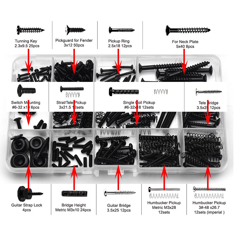 SAPHUE Guitar Screw Kit,201pcs Telecaster Kit, Pickguard Screws， Switch Plate Screws,For Fender/Tele/Strat/Sq,Tuner,Machine Head, Neck Plate,Guitar Strap End Pins,Pickup,Bridge, Guitar Repair Kit multi-size Black