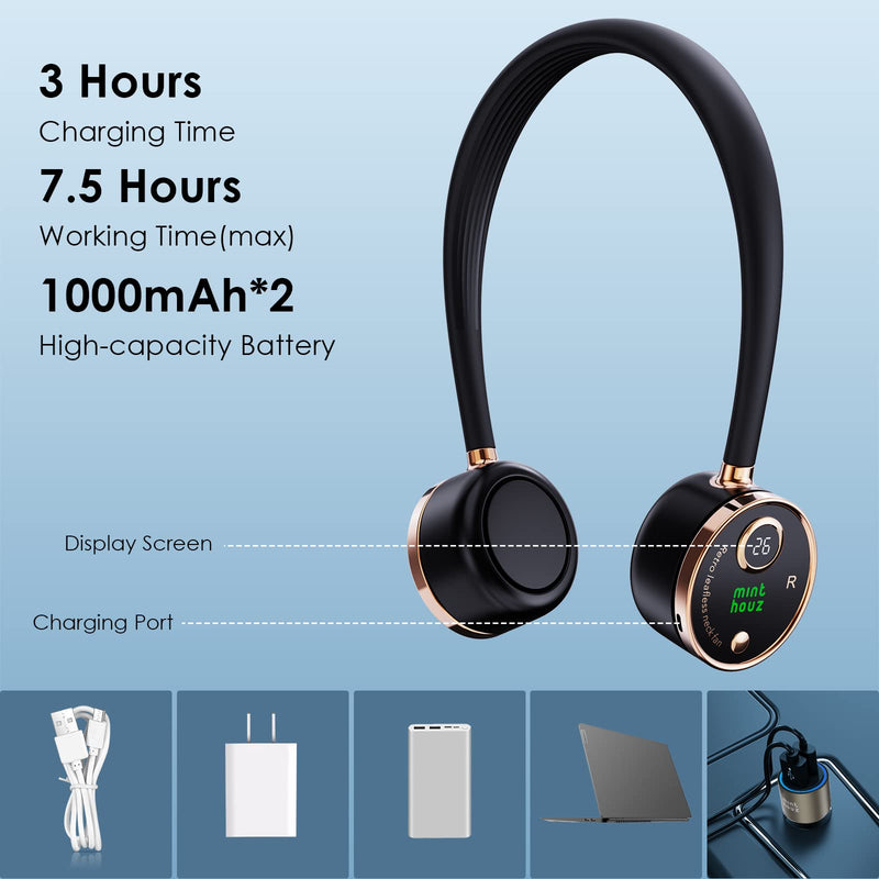 Portable Neck Fan, USB-C Powered Digital Display Bladeless Fan, 3 Speeds Wearable Personal Fan, 2000mAh Rechargeable Battery Operated Fan for Outdoor, Home, Office - Black