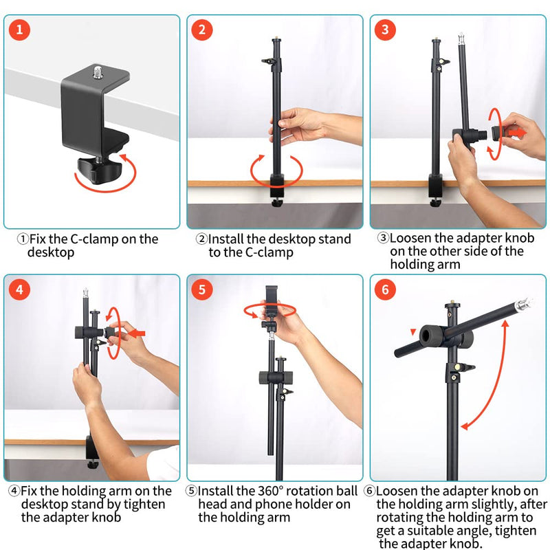 Overhead Camera Mount Desk Stand with 360° Adjustable Holding Arm, Flexible Phone Stand with 360° Ballhead and Phone Mount Holder, Boom Stand for Microphone, Video Light, Webcam, Cell Phone