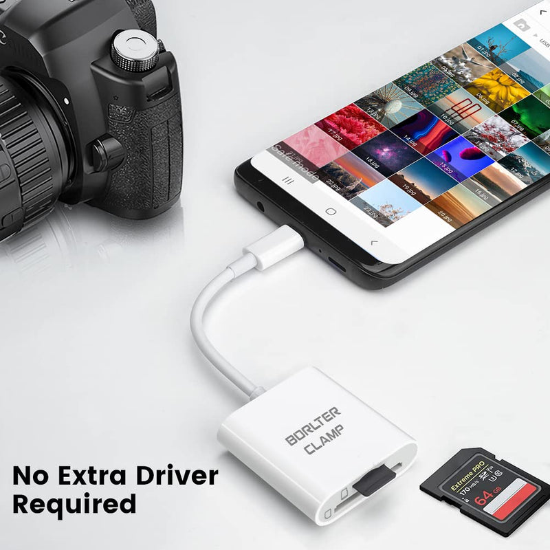 USB C to SD Card Reader, BorlterClamp Type C to SD/Micro SD Memory Card Reader Adapter Compatible with MacBook, Laptops, Tablets, Smartphones