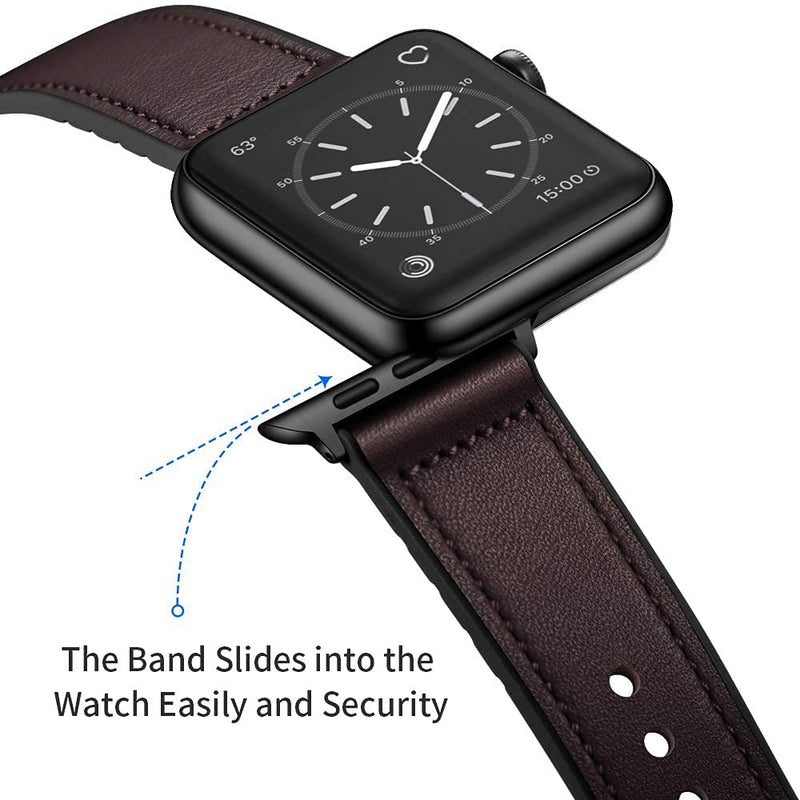 OUHENG Compatible with Apple Watch Band Sweatproof Genuine Leather and Rubber Hybrid Band 41mm 40mm 38mm Brown & Dark Brown