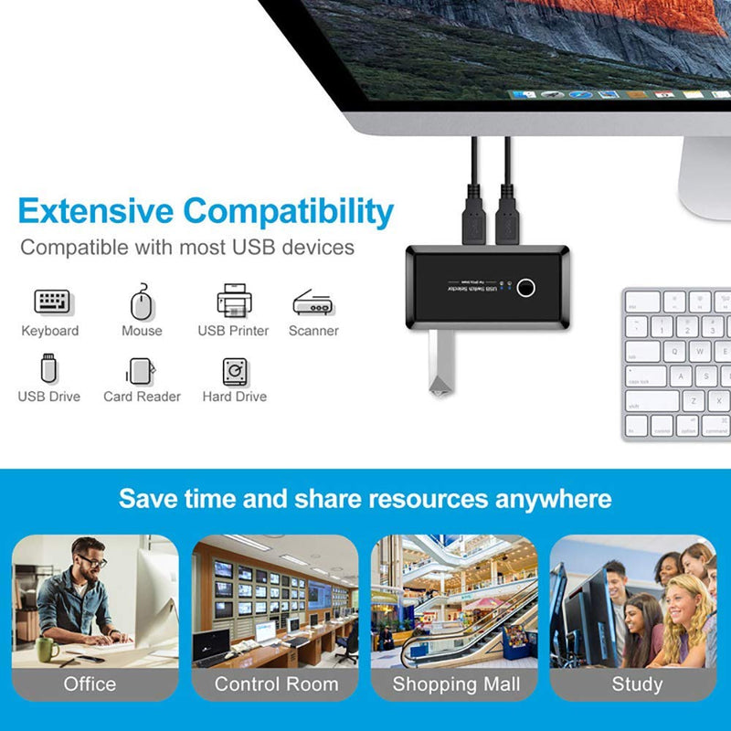 USB 3.0 Sharing Switch Selector 4 Port 2 Computers Peripheral Switcher Adapter Hub for PC, Printer, Scanner, Mouse, Keyboard with One Button Swapping Compatible with Mac/Windows/Linux