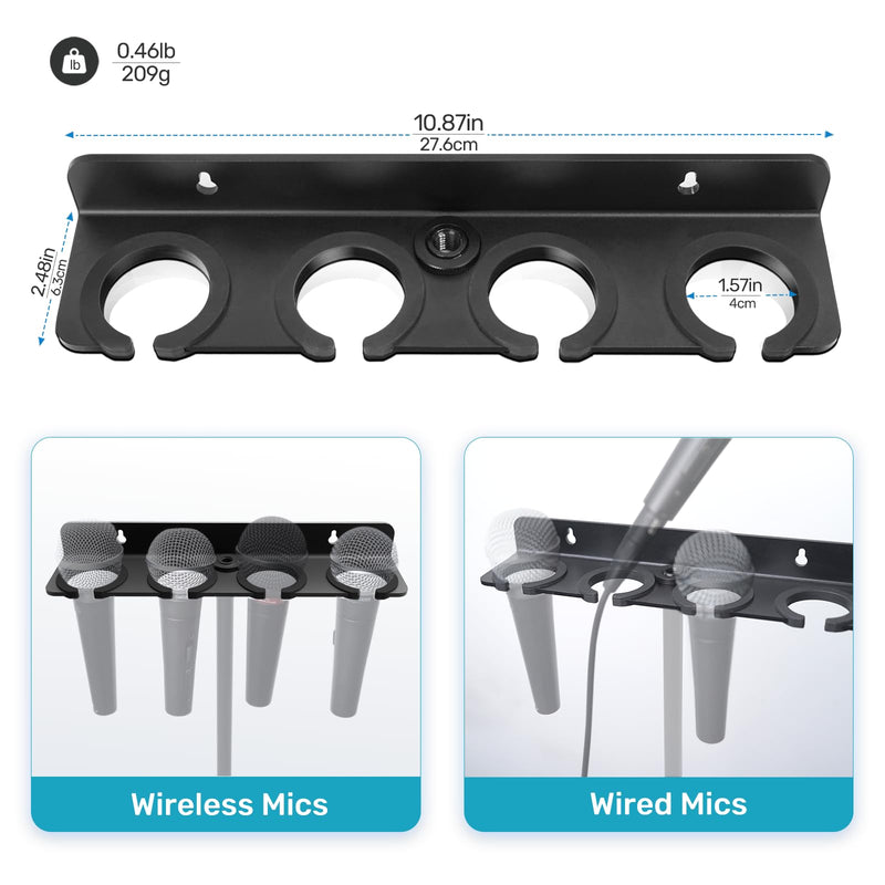 2025 Upgrade Multi Microphone Holder for Mic Stand Storage Organizer for Handheld Dynamic Wired and Wireless Mics Wall Mount or Rubber Padding to 5/8"-27 or 3/8"-16 Threaded - Up to 4 Mics Mic UP to 4 - Black
