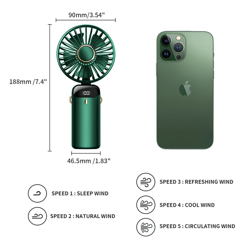 Handheld Fan, Mini Fan Portable Fan 5000 mAh with 5 Speeds, Battery Operated Hand Fan with LED Display, Personal Fan Desk Fan 11-21Hs Working Time for Office Bedroom Outdoor Travel Camping-Green Green