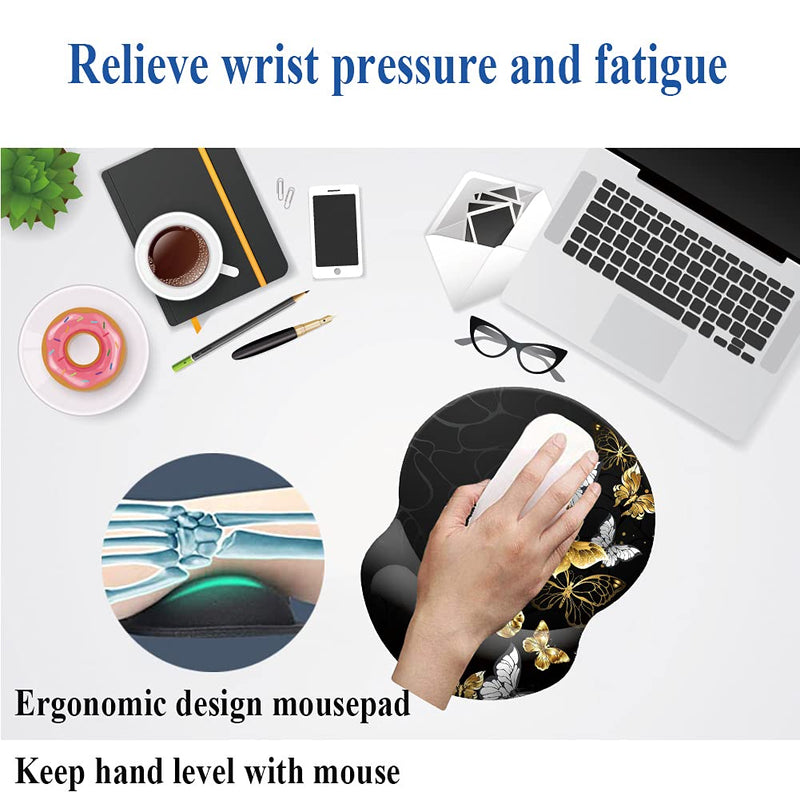 Boutilon Wrist Mouse Pad, Non-Slip Ergonomic Mouse Pad with Gel Wrist Rest Support, Gaming Mouse Pad 8.7 x 7.5 inches Pad for Computer, Laptop, Home, Office (Golden Butterfly) A-Golden Butterfly