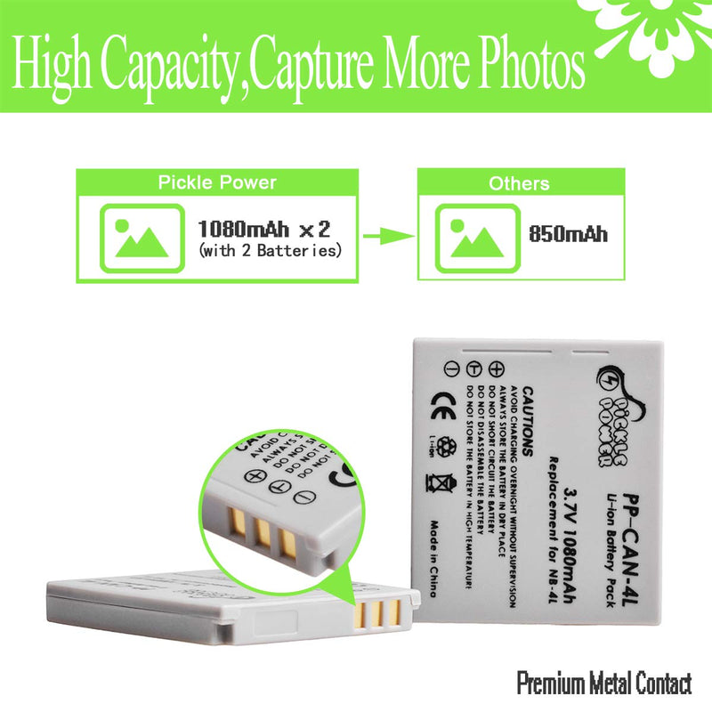 Pickle Power NB-4L Battery and LED Display Charger for Canon PowerShot ELPH 100 HS 300 HS 330 HS 310 HS SD1000 SD1100 is SD1400 is SD200 SD30 SD300 SD40 SD400 SD600 SD750 2 battery +LED display charger