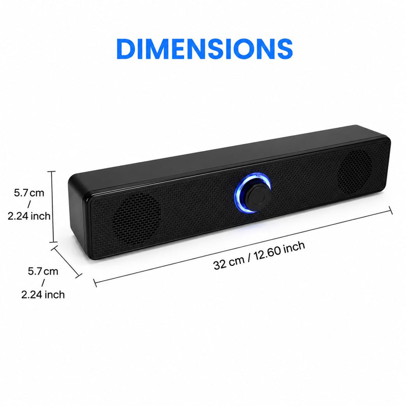 Computer Speakers USB Powered Wired Stereo with Illuminated Volume Knob and 3.5mm Aux Plug for PC Desktop Laptop Office with Clear Audio Easy Setup and Portable Design Black