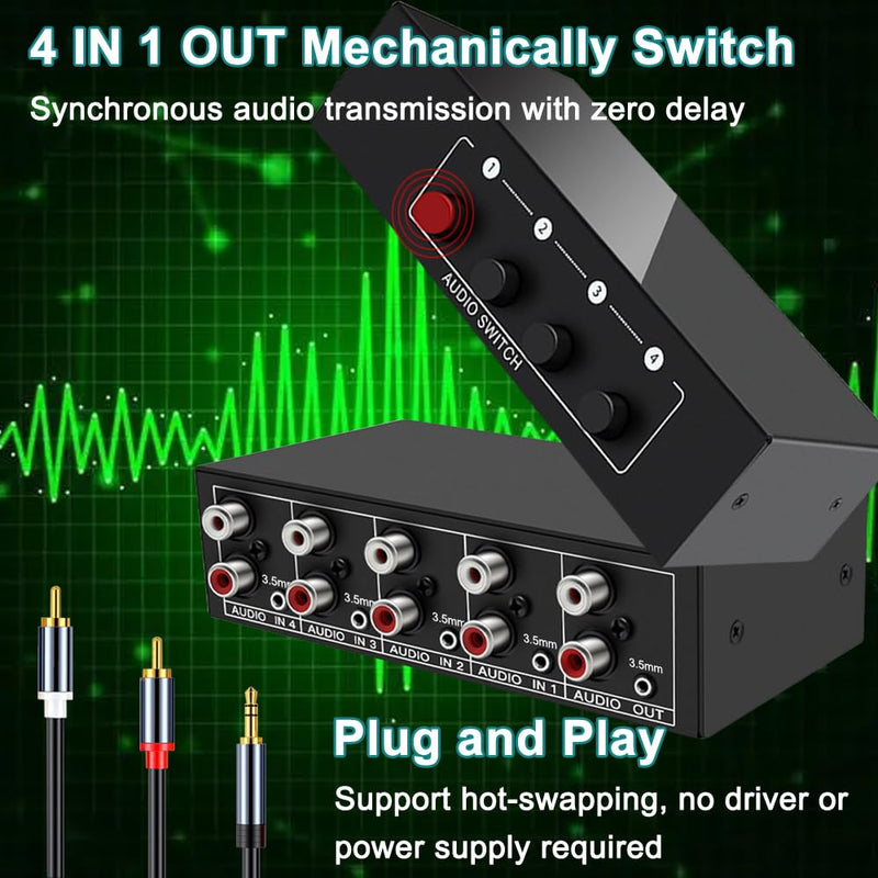 3.5mm Aux + RCA L/R Bi-Directional Stereo Audio Switch 4 in 1 out A/B Analog Audio Switcher Selector