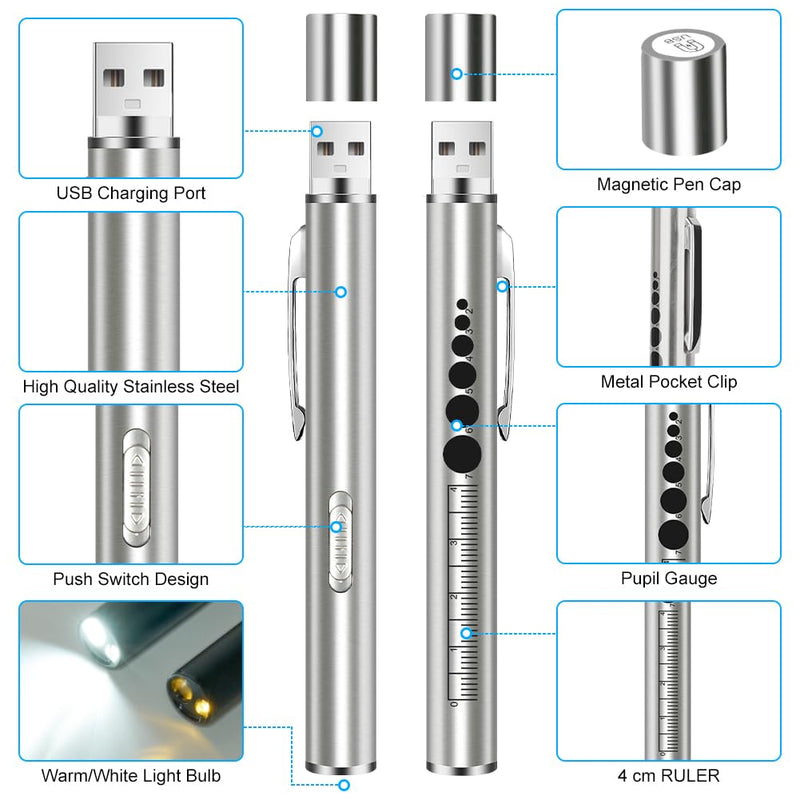 Flintronic 2 x Pupil Light Medicine, Diagnostic Light Nurse Emergency Service Accessories, with Pupil Meter & Ruler, Rechargeable USB LED Pen Lamp for Nurses, Students, Doctors 2pcs-silver