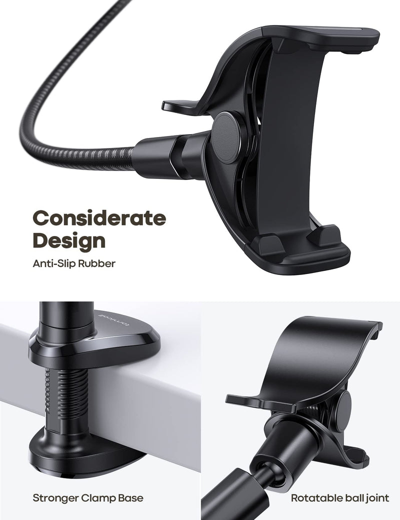 Lamicall Gooseneck Phone Holder Bed - [Nylon Braided] Flexible Arm, 38inch Overall Length, 360 Adjustable Clamp Clip, Overhead Cell Phone Mount Stand for Bed, Desk, 4-7” Cellphone Black