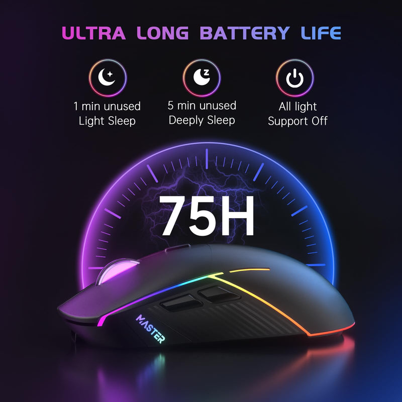 FFJ Wireless Gaming Mouse, 24000 DPI, Tri-Mode 2.4G/USB-C/Bluetooth 5.3 Gaming Mouse Wireless, RGB Programmable Mouse Gamer, 75Hrs Battery Life, Rechargeable Gaming Mice for PC, Mac, PS5, Xbox-Black Black