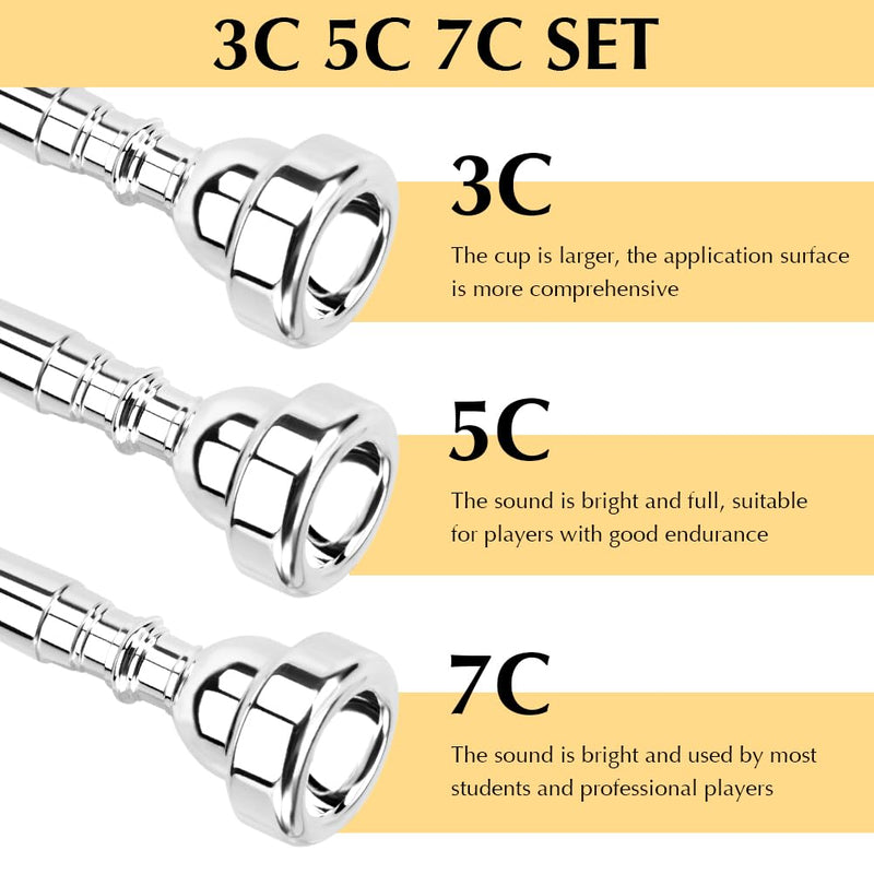 3C/5C/7C Trumpet Mouthpiece Set, Professional Trumpet Mouthpiece Replacement Parts Trumpet Tone Gift with Cleaning Cloth, Musical Instruments Accessories for Beginners(Yellow+Silver) Yellow+silver