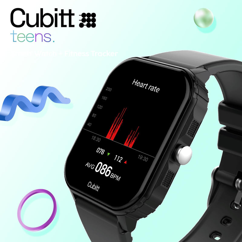 Cubitt Teens Smartwatch, 1.85” Touchscreen Fitness Tracker – Obsidian Black | For Ages 11–14, 6 Sport Modes, HR & Sleep Monitor, Built-in Games, Parental Lock, IP68 Water Resistance, 7-Day Battery