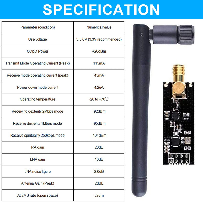 DAOKAI NRF24L01 Wireless Transceiver Receiver, Pack of 2 NRF24L01+PA+LNA Wireless RF Transceiver Module with SMA Antenna 2.4 GHz 1100 m + Breadboard Breakout Adapter Board Compatible with NRF24L01