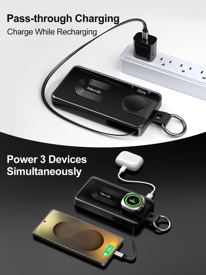 Mavulo Portable Charger for Samsung Galaxy Watch,10000mAh 3 in 1 Power Bank | 20W Fast Charging丨Retractable USB-C Cable丨Keychain Design丨LED display丨Travel Essentials Battery Pack 丨for iPhone 15-17 Series