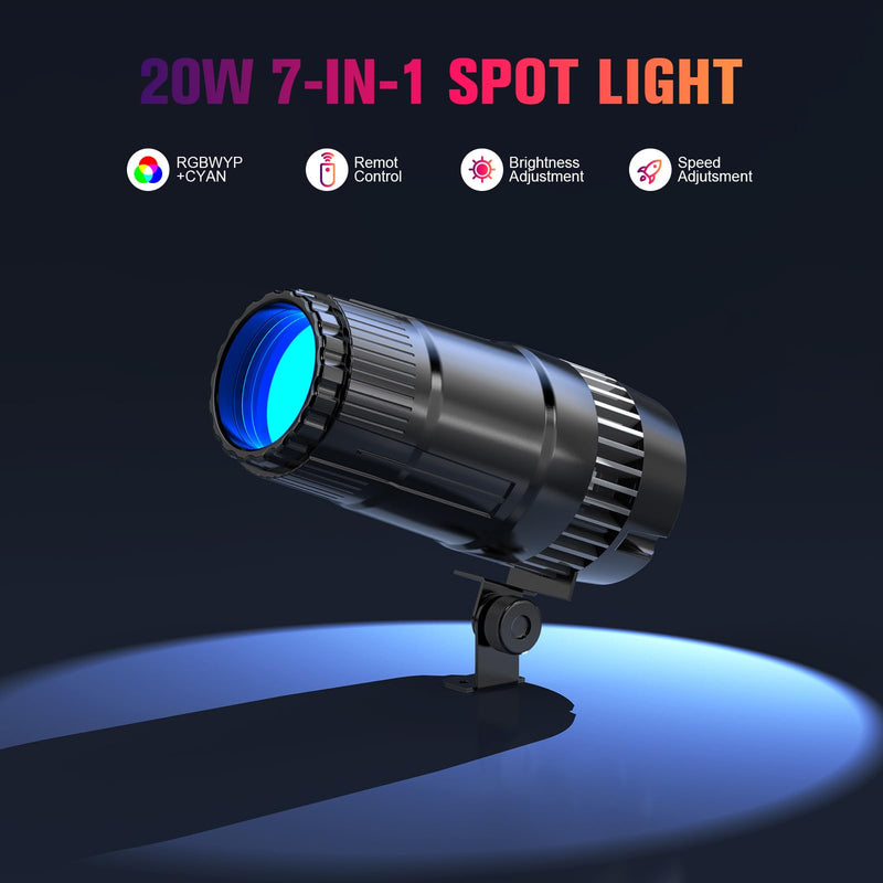 20W Pinspot Light with Remote,RGBWYP+Cyan LED Beam Spot Lights,Ultra Bright Mirror Disco Ball Spotlight Stage Light for DJ Disco Party Bar Club Show Wedding Children's Theater Black 1 Pack