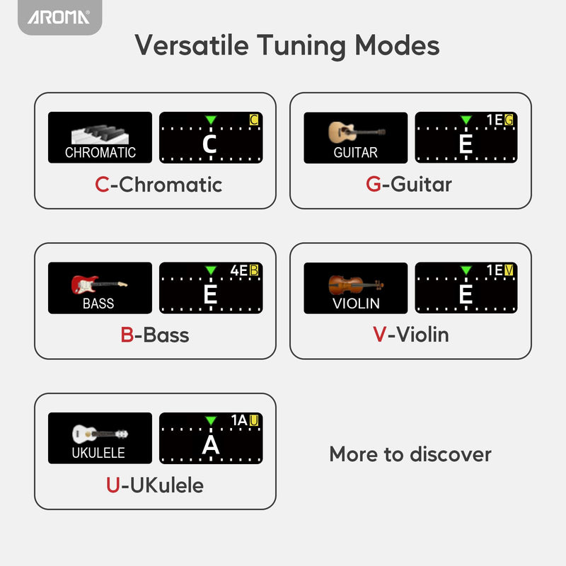 Aroma Guitar Tuner Clip On Rechargeable Chromatic Tuner for Guitar Bass Ukulele Violin Mandolin with TFT Screen Easy to Read in Strong Light
