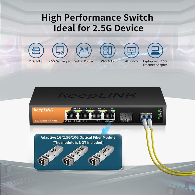 6-Port 2.5G Switch Unmanaged, 4 x 2.5GBASE-T Ports & 2 x 10GBASE-T SFP Slots, 60Gbps Switching Capacity, Plug & Play/Wall Mountable/Fanless Metal, Compatible with 1000Mbps Devices 6 Port 2.5G Unmanaged