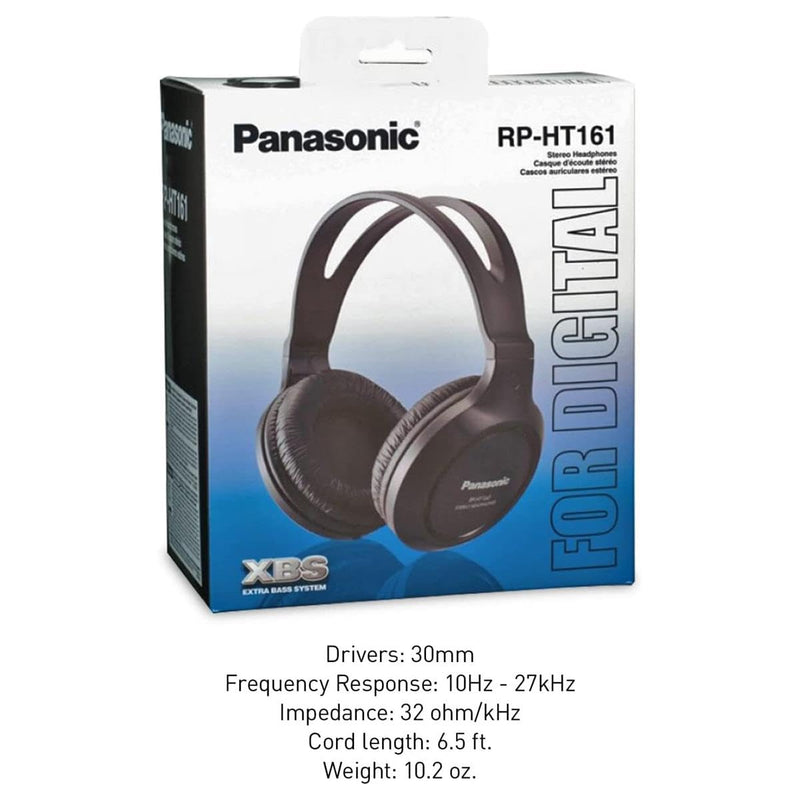 Panasonic Headphones, Lightweight Over the Ear Wired Headphones with Clear Sound and XBS for Extra Bass, Long Cord, 3.5mm Jack for Phones and Laptops – RP-HT161-K (Black) Over Ear - No Mic