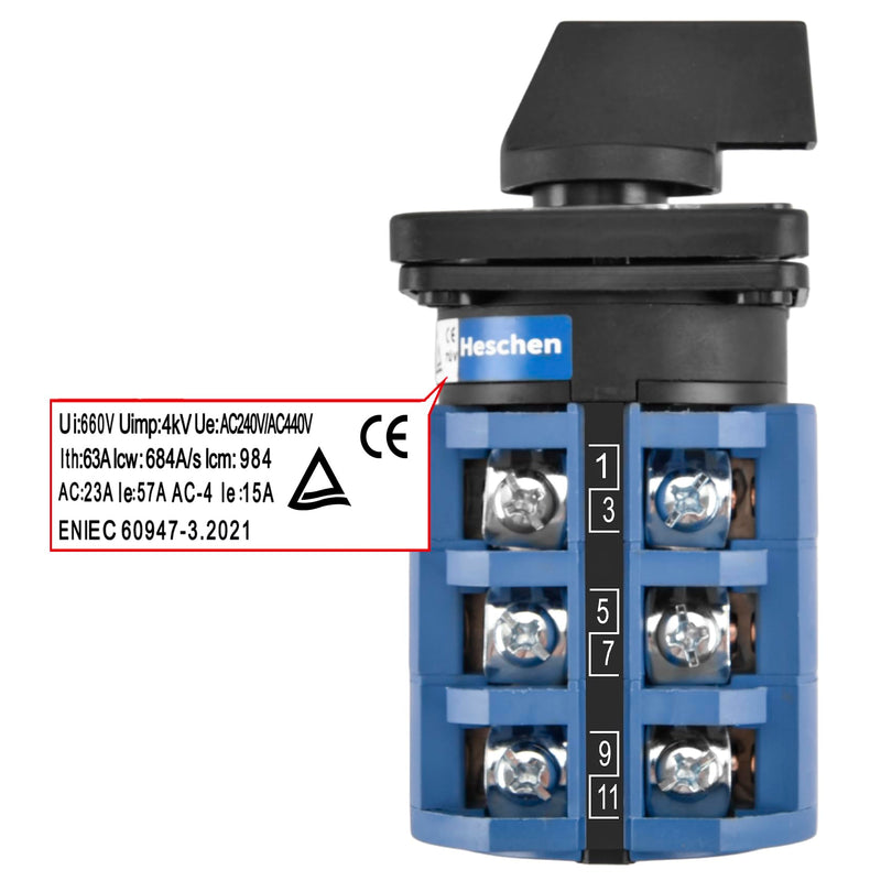 Heschen Universal Rotary Cam Selector Changeover Switch SZW26-63/D303.3 660V 63A ON-Off-ON 3 Position 3 Phase 12 Terminals CE