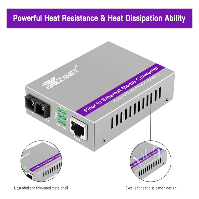 A Pair of Gigabit SC to RJ45 Converter, Single-Mode Fiber to Ethernet Media Converter (Built-in Module, 1310nm, 20km), Plug & Play, 10/100/1000 Base-T Compatible, Auto-Negotiation, Jumbo Frame SingleMode Dual SC:20km