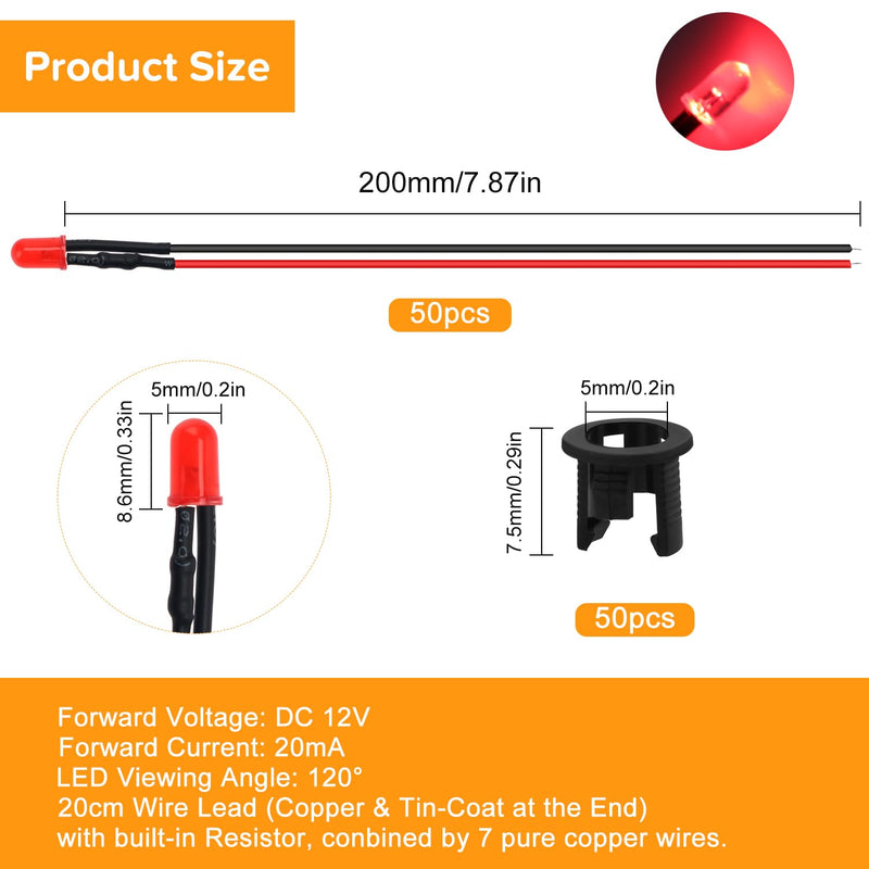 Lyeteung 50 Pieces 5 mm 12 V Pre-Wired LED Diode Light, Red, 5 mm LED Diffuse Emitting Light Diode with 20 cm Cable + 50 Pieces 5 mm Plastic LED Diode Holder 5mm Red Diffuse