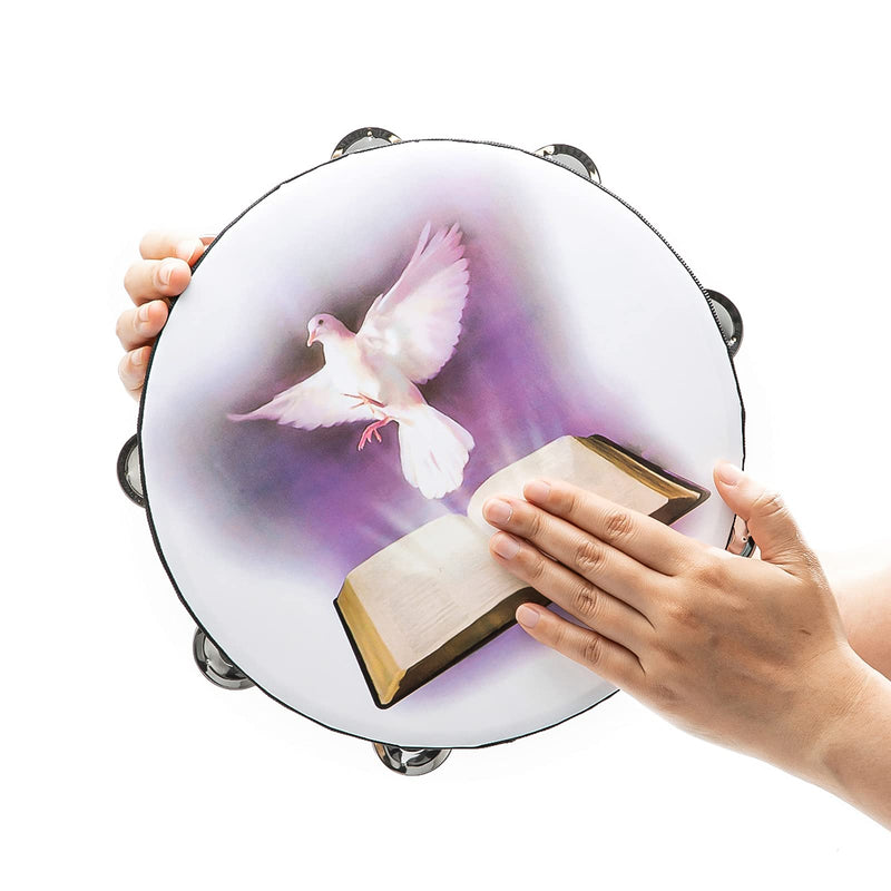 [AUSTRALIA] - Tambourine 10 inch Dove Bible Double Row Jingle Tambourine for Adults,Handbell Clap Drum Tambourine for Pray Church Party Musical Instrument (10 inch Dove) 