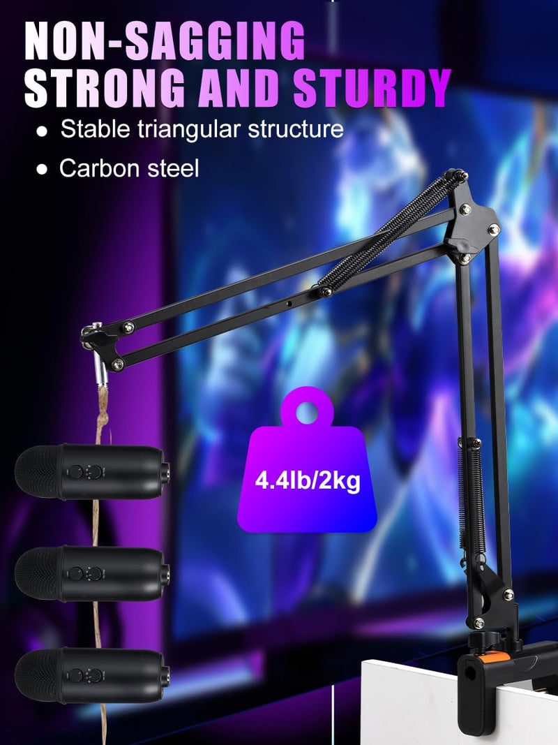 Microphone Boom Arm, Adjustable Suspension Boom Scissor Arm Stand with Heavy Duty Clamp, Pop Filter and Mic Clip Compatible with Yeti, QuadCast Snowball.