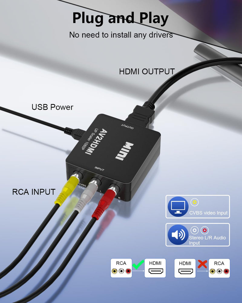 RCA to HDMI Converter AV to HDMI Adapter - 1080P Mini RCA Composite CVBS Video and Audio Conversion, Connect VCR/Wil/Game Consoles/PS4/ N64/TV/VHS to HDMI-Compatible Devices Converter Support PAL/NTSC