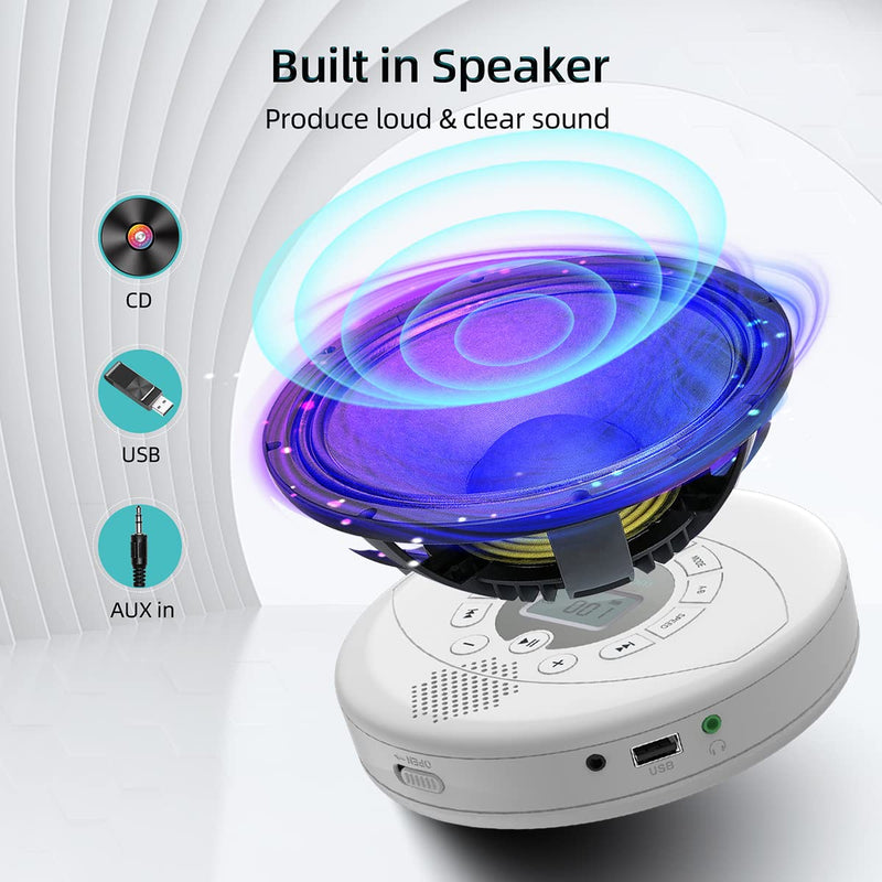 Portable CD Player, KUEPHOM Walkman CD Player with Headphones, Discman with Speaker,Anti-Skip CD Player for Car, Rechargeable 1500mAh, CD,USB disc playable with Memory, AUX in for audiobook, White
