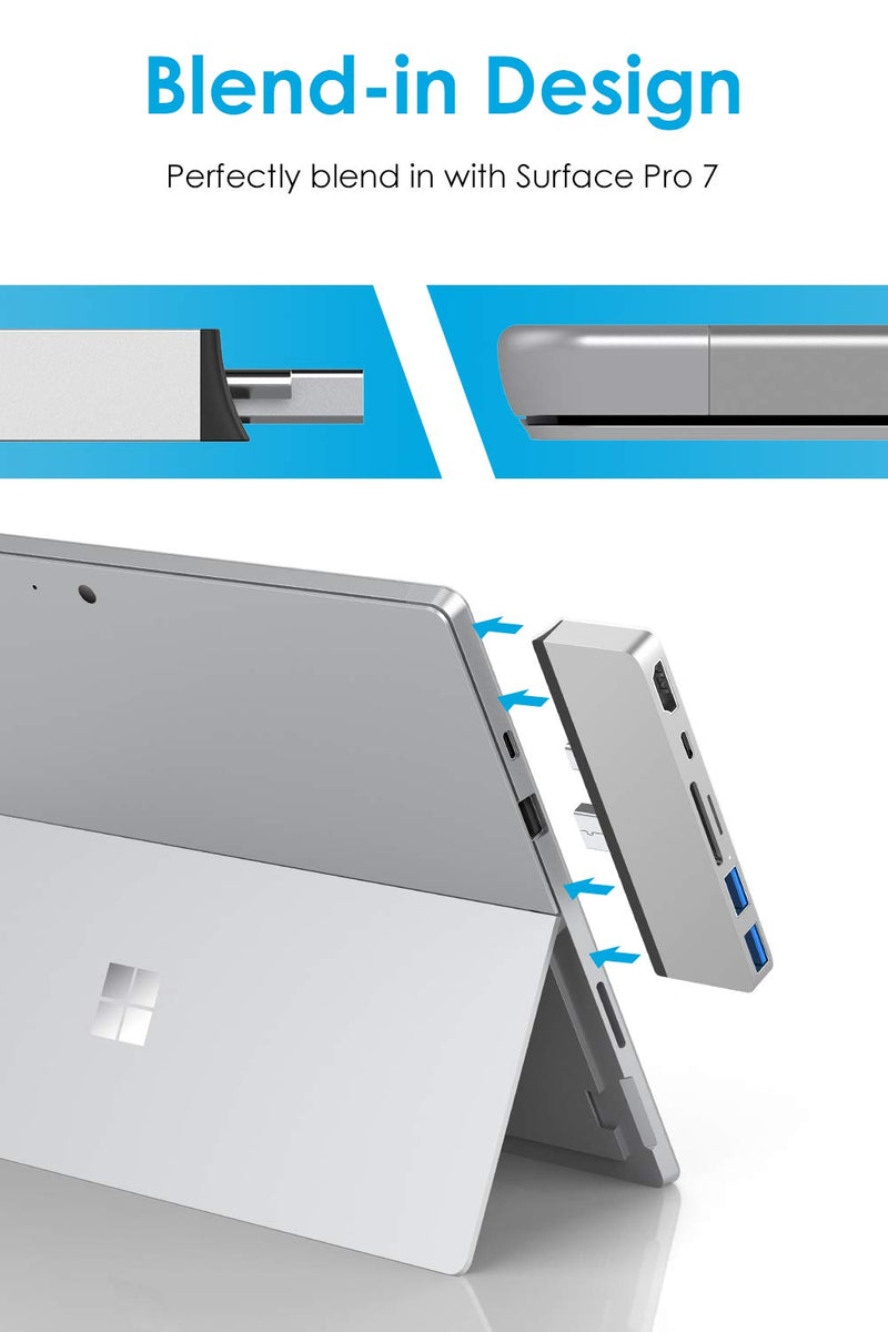 LENTION 6-in-1 USB C Hub for Surface Pro 7 Only, with 4K/60Hz HDMI, SD & Micro SD Dual Card Reader, 2 USB 3.0 and 60W Type C Charging Port, Stable Driver Adapter (CB-CS34, Silver)