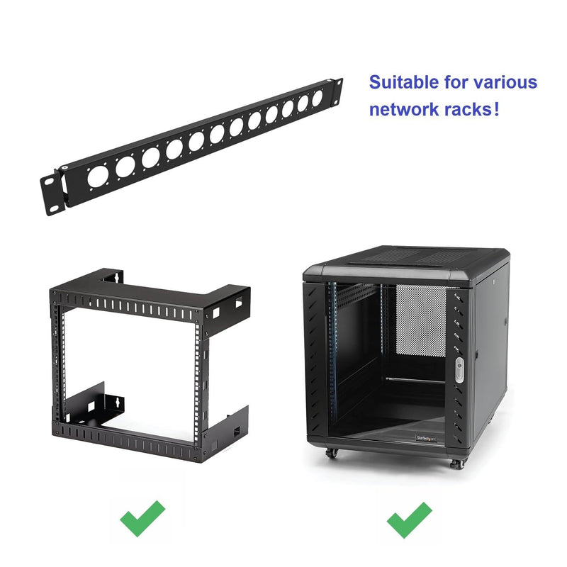 1U Hinged D-Series 12 Connectors Punch-out Component Panel for 19 inches Sound, AV, Computer -Equipment Racks- Patch Panel Compatible with XLR, HDMI (1U12D)