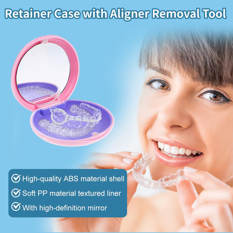 Braces Box, Portable Tooth Splint Box with Mirror, Empty Orthodontic Teeth Holder Box for Holder and Mouth Guard with Tool for Removing Aligners (Pink) Pink